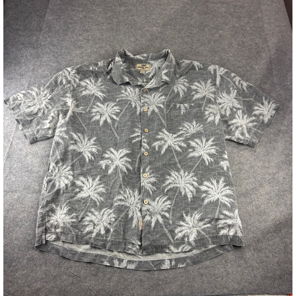 Jamaica Jaxx Mens XXL Grey Silk Palm Tree Tropical Hawaiian Button Down Shirt